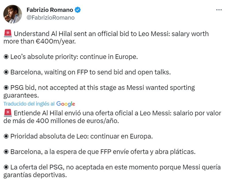 La millonaria oferta que recibió Lionel Messi para jugar en Arabia Saudita 1 fabrizio romano tuit