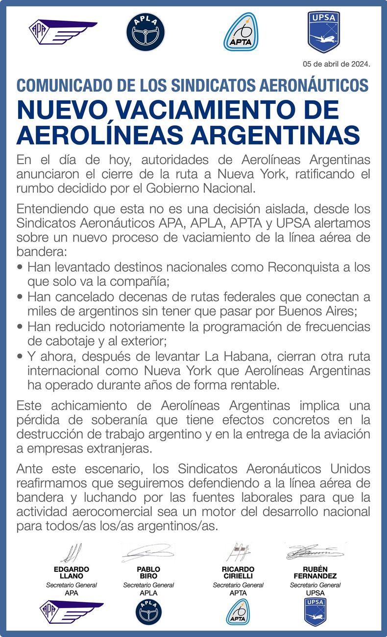 El comunicado de los sindicatos aeronáuticos.