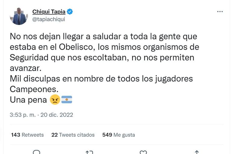 El mensaje de "Chiqui" Tapia: "Mil disculpas en nombre de todos los jugadores Campeones"