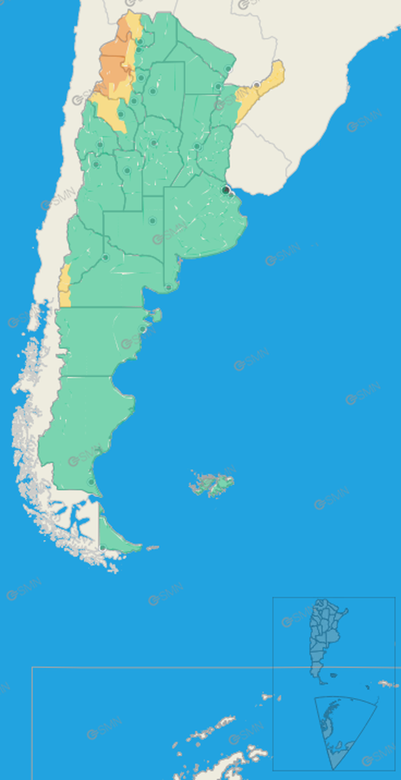 Nueve provincias bajo alerta amarilla y naranja del Servicio Meteorológico Nacional.