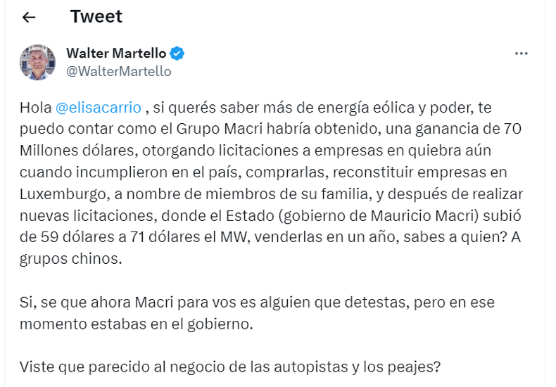 El interventor del ENRE cruzó a Elisa Carrió por las irregularidades de Macri en Energía
