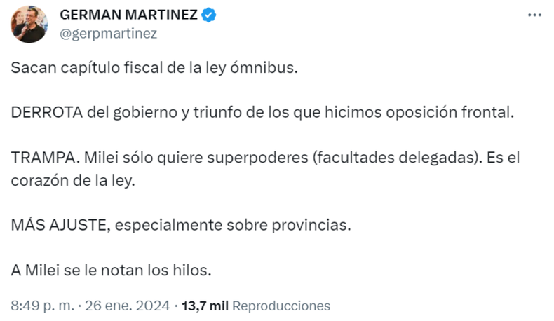 Germán Martínez, de Unión por la Patria, alerta sobre las facultades delegadas para Milei por X (exTwitter)