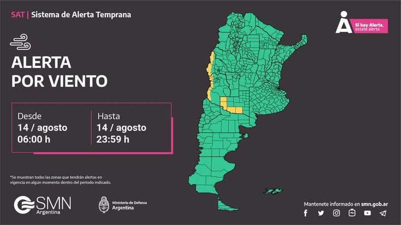 Alerta amarilla por vientos y viento Zonda.