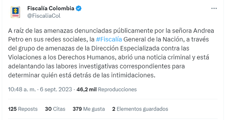 La Fiscalía de Colombia sobre la investigación de las amenazas a Andrea Petro