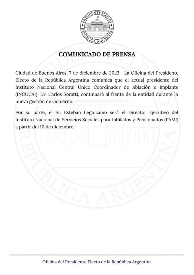 El comunicado de la Oficina del Presidente Electo.