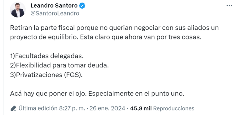 Leandro Santoro critica el anuncio de Caputo por X (exTwitter)