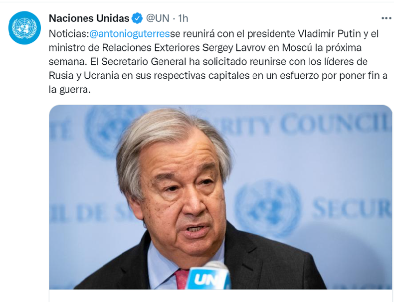 Guterres se reunirá el martes con el presidente ruso Vladimir Putin.