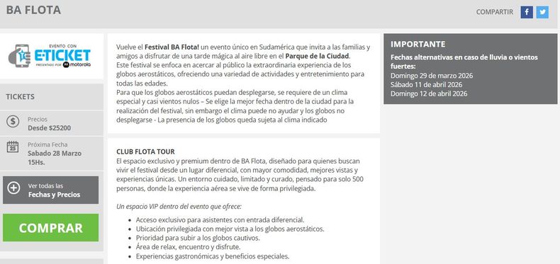 Captura de la página de Ticketek. 