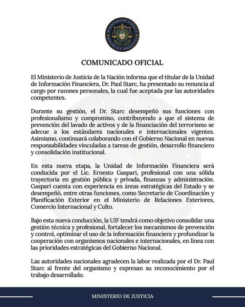 El comunicado del Ministerio de Justicia.