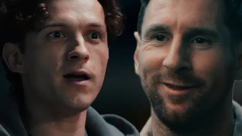 Tom Holland y Lionel Messi en una publicidad de la película Spider-Man: Brand new day.