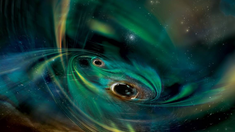 Un par de agujeros negros monstruosos se arremolinan en una nube de gas. Un par de agujeros negros monstruosos se arremolinan en una nube de gas.