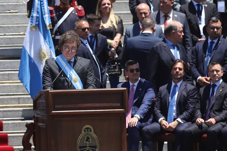 Javier Milei en las escalinatas del Congreso.