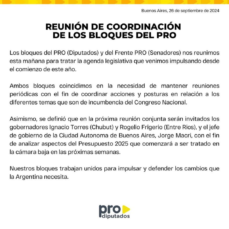 El comunicado del bloque de diputados del PRO.