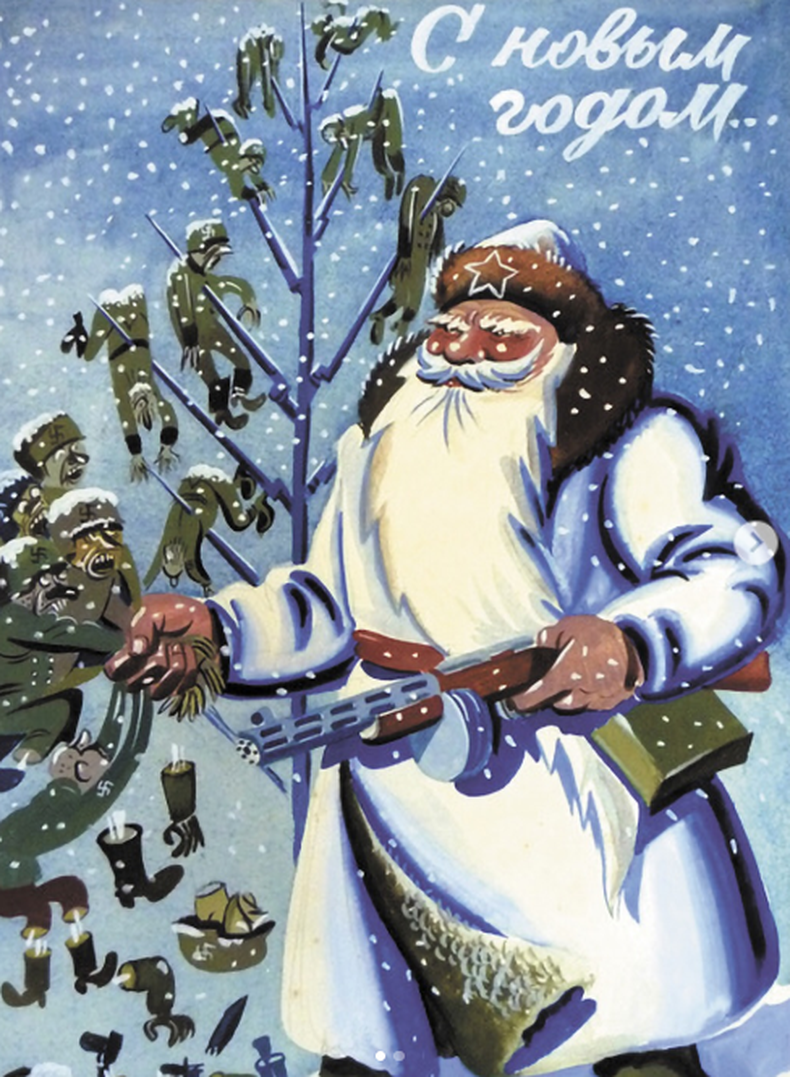 Ded Moroz, el Papá Noel ruso, en una postal soviética de 1942, armando el arbolito con soldados nazis.