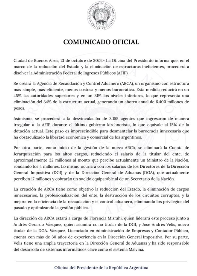 El comunicado del Gobierno.