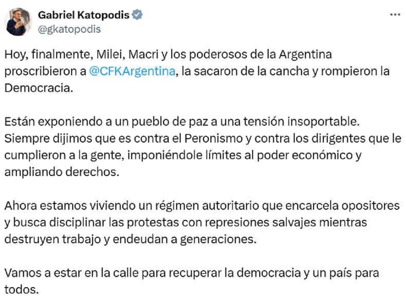 La publicación de Gabriel Katopodis.