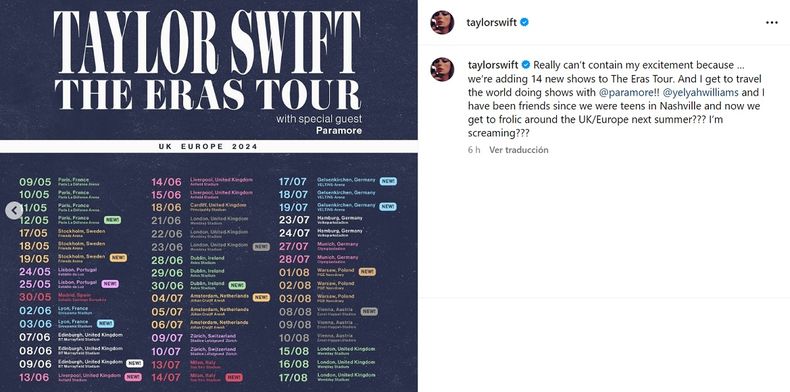 Así se anunciaron los nuevos shows de Taylor Swift.