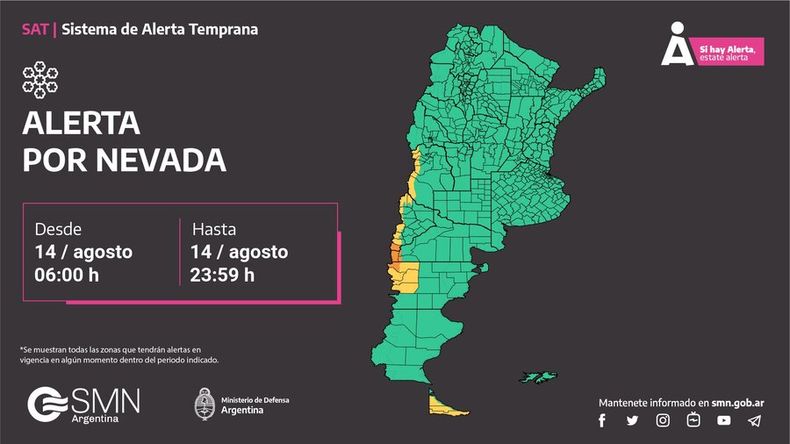 Alertas naranjas y amarillas por nevadas para la zona cordillerana.