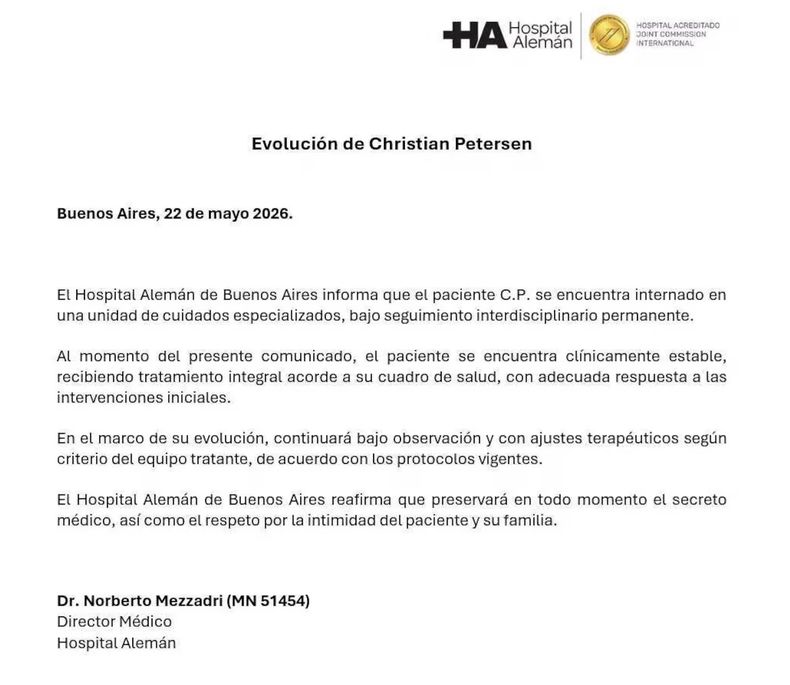 El parte médico de Christian Petersen divulgado por el Hospital Alemán,
