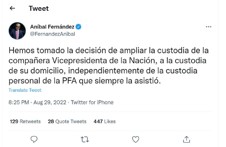 Aníbal Fernández: Tomamos la decisión de ampliar la custodia de la vicepresidenta