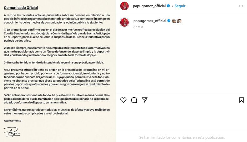 El fuerte descargo del Papu Gómez tras su doping positivo.