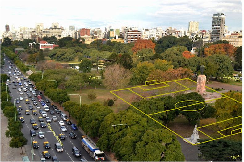 Ubicación del campo de juego de Alvear y Tagle en la actual Plaza República Oriental del Uruguay, en Recoleta.