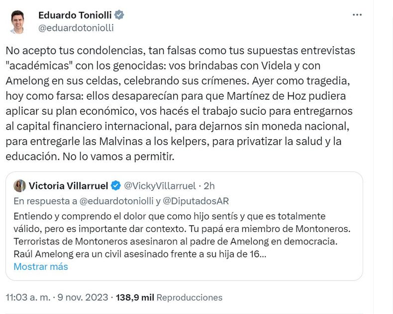 Villarruel volvió a justificar sus visitas a represores y Toniolli la cruzó: "Vos brindabas con Videla"