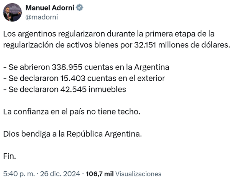 La publicaci&oacute;n de Manuel Adorni.