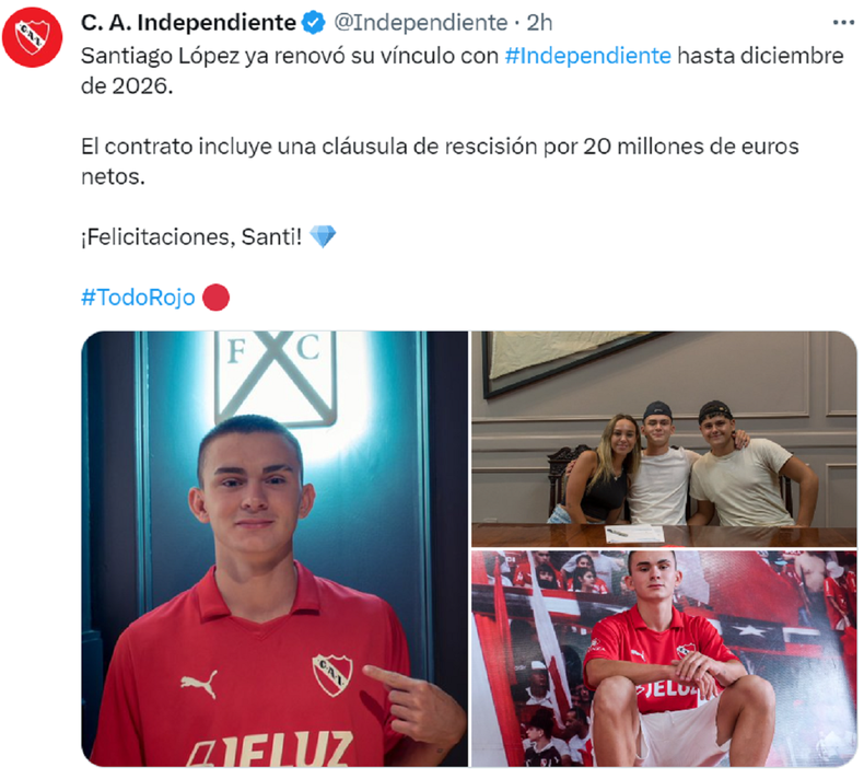 La publicación de Independiente sobre Santiago López.