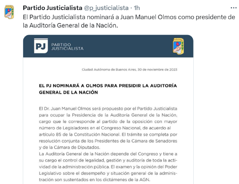 La publicación del PJ junto al comunicado.
