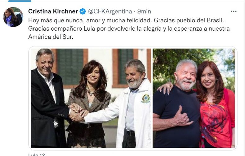 Cristina agradeció al pueblo brasileño por la victoria electoral de Lula