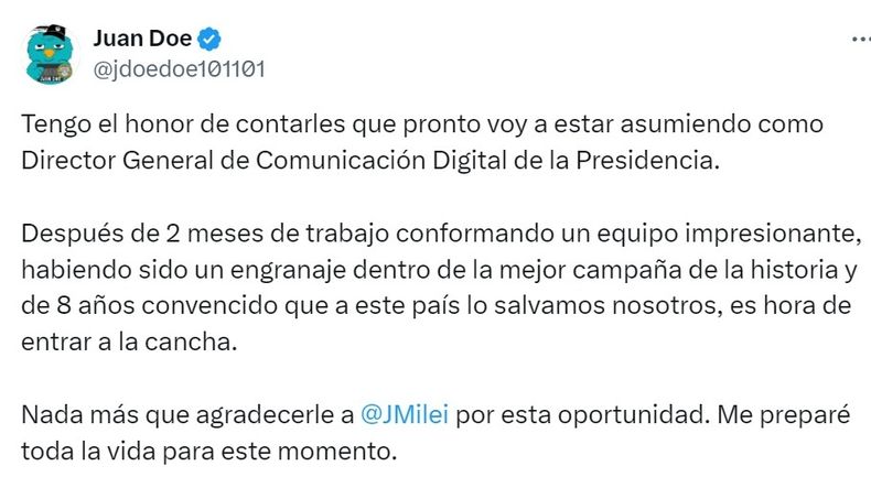 Un troll de Milei anunció que asumirá al frente del equipo de comunicación digital del Gobierno