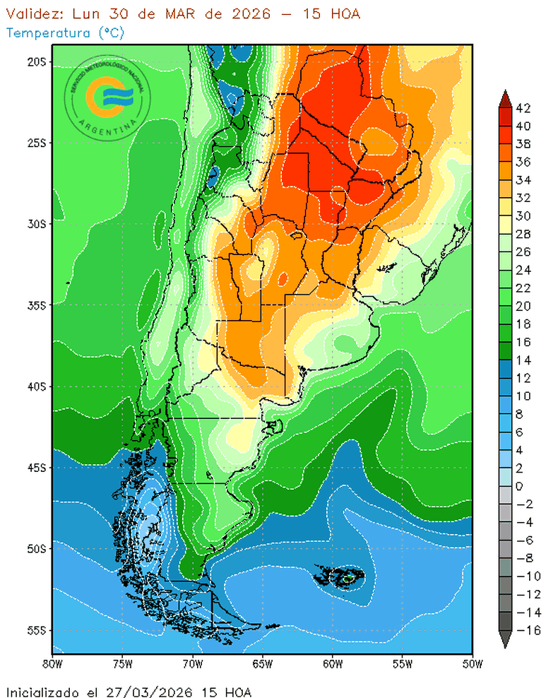 El avance del frente cálido pronosticado para este lunes 30 de marzo.