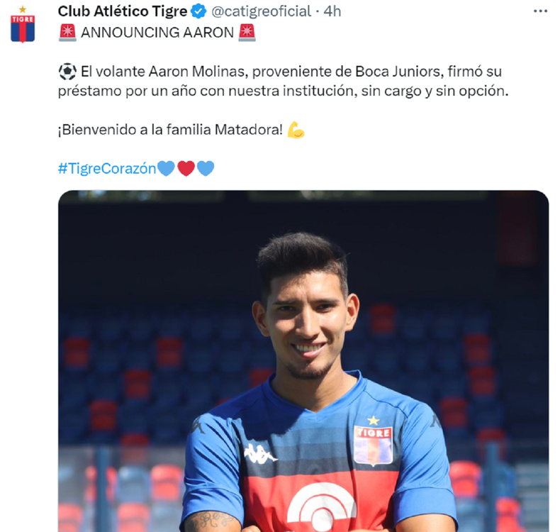 El tuit de Tigre para presentar a Aaron Molinas.