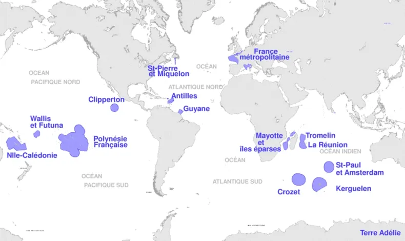 La Francia Metropolitana y sus territorios de ultramar ocupan doce husos horarios.