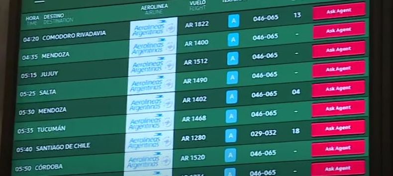 Las pantallas de Aeroparque con los vuelos cancelados y demorados de Aerolíneas Argentinas. Las pantallas de Aeroparque con los vuelos cancelados y demorados de Aerolíneas Argentinas.