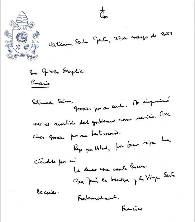 La carta de puño y letra del papa Francisco a la vicegobernadora santafesina Gisela Scaglia.