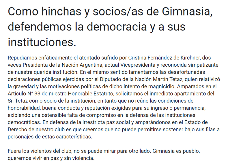 Socios de Gimnasia piden expulsar a Martín Tetaz por sus dichos sobre el atentado a Cristina Fernández