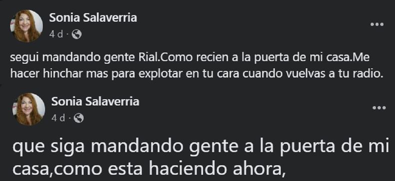 Sonia Salaverria tiene muchas publicaciones incoherentes contra Jorge Rial.