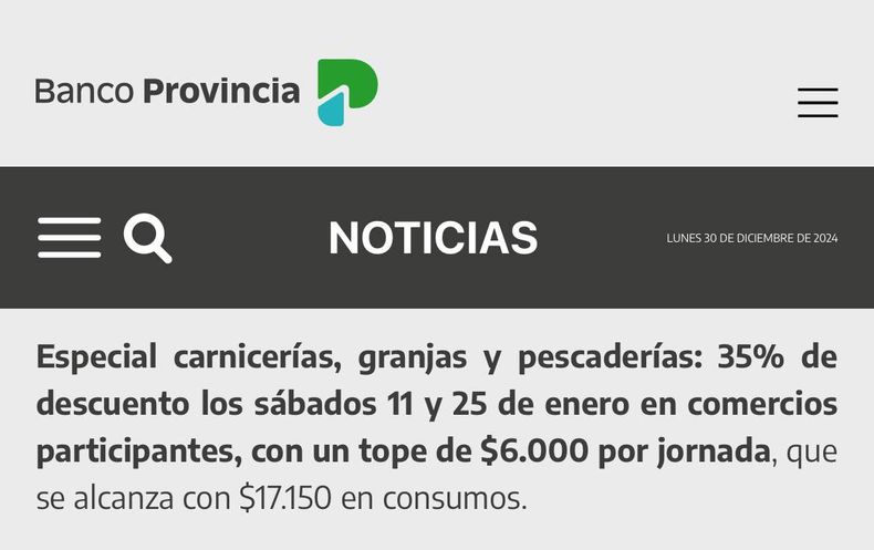 La web del Banco Provincia anunció el cambio en el descuento para carnicerías con Cuenta DNI. 