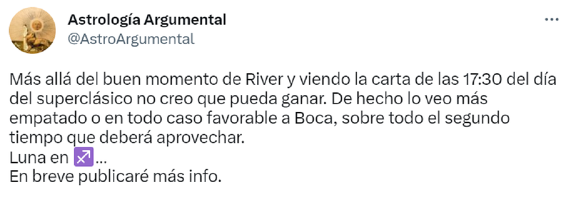 El tuit sobre el partido entre River y Boca