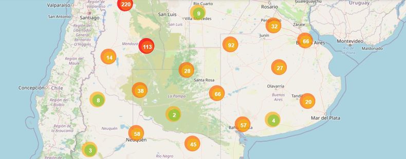Captura del mapa donde se puede observar el número de vinchucas registrado en Argentina. 