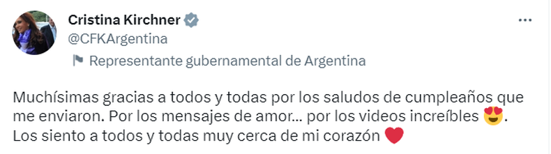 Cristina Kirchner agradeció los mensajes por su cumpleaños: "Los siento muy cerca de mi corazón"