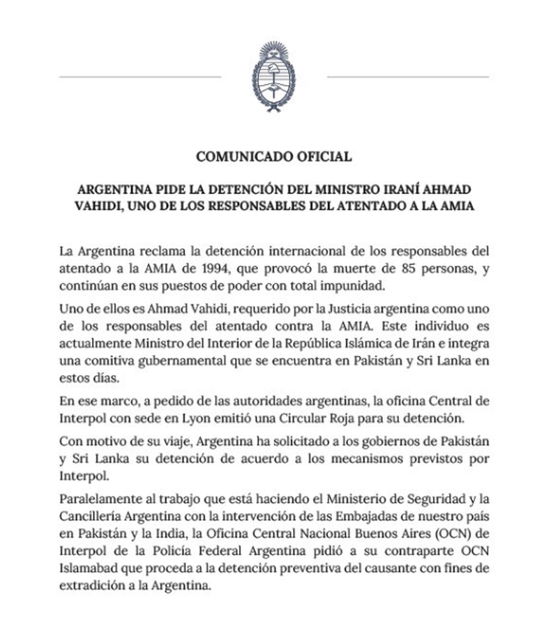 Irán consideró "ilegal" la orden de captura contra un ministro pedida por Argentina
