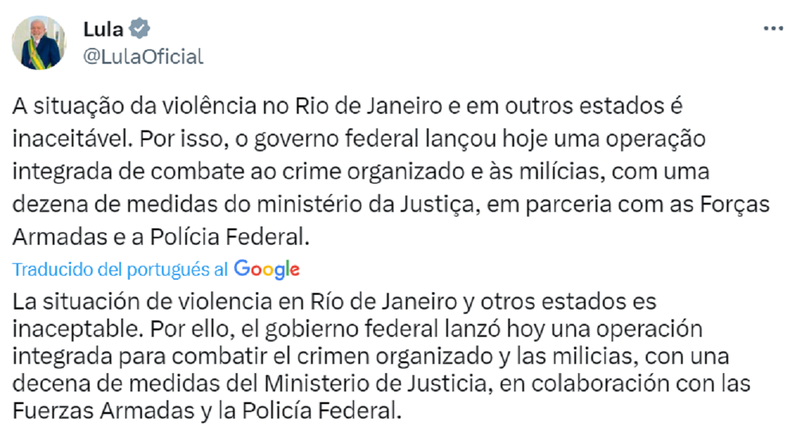 El posteo de Lula da Silva.