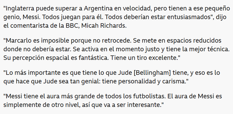 El exfutbolista Micah Richards analizó en la BBC la importancia clave de Lionel Messi en la Selección argentina.