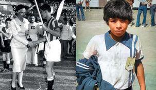 Evita en la presentación de los Juegos y Maradona en su niñez. Evita en la presentación de los Juegos y Maradona en su niñez.