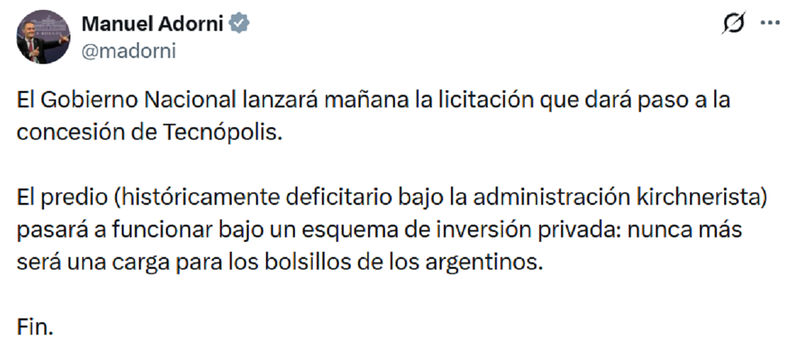 La publicación de Manuel Adorni. La publicación de Manuel Adorni.