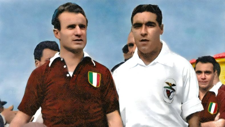Valentino Mazzola, la estrella del Torino que se convirtió en capitán de Italia, y Xico Ferreira, en el amistoso frente a Benfica, el último partido de los pentacampeones.