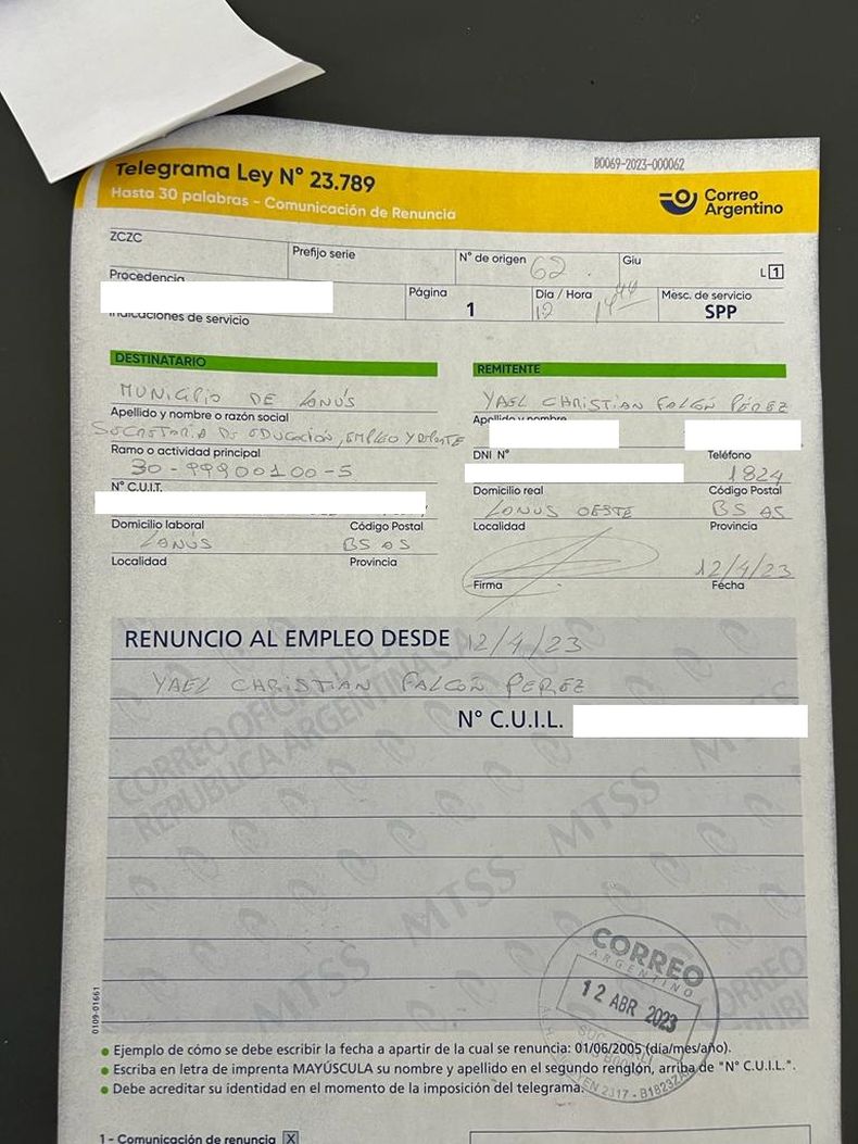 El telegrama que envió Yael Falcón Pérez.